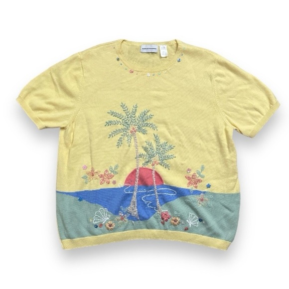 Vintage Alfred Dunner Yellow Short Sleeve Knit Tropical Sweater Women’s Size XL - Picture 1 of 17